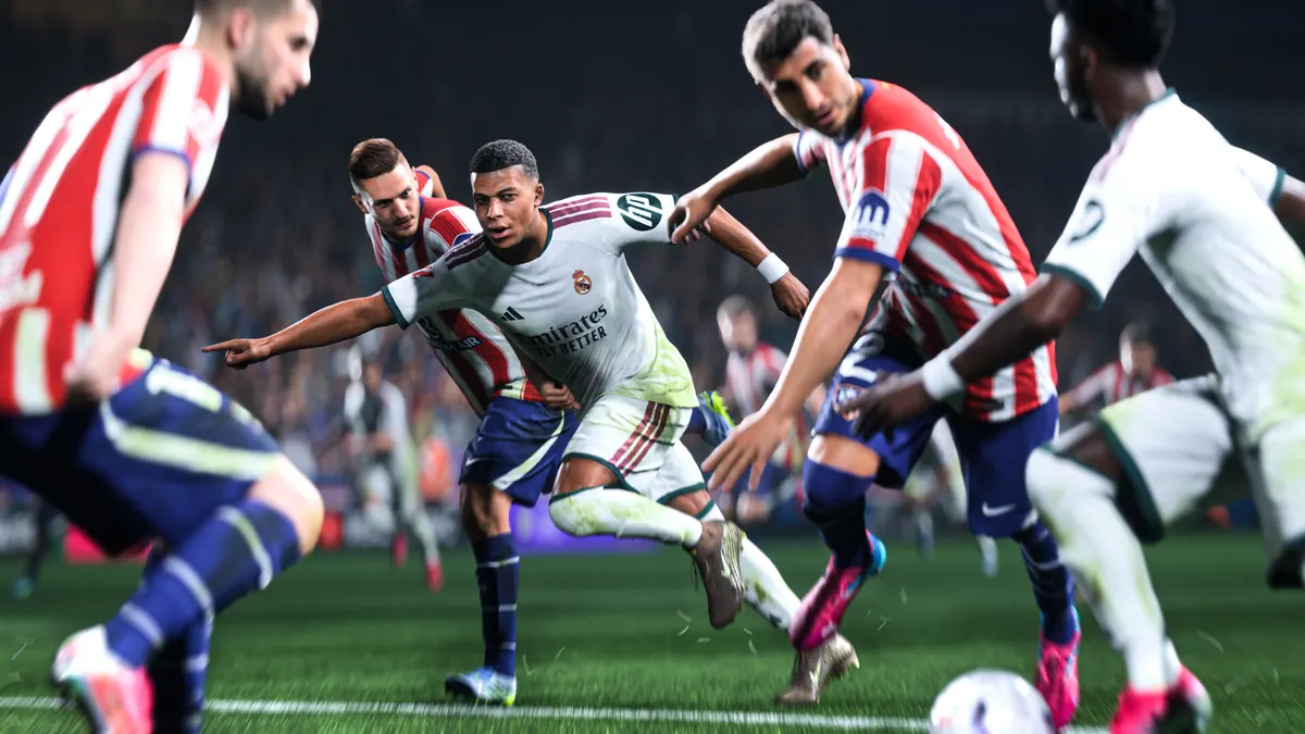 Kylian Mbappé in an EA SPORTS FC 27 promotional football match image.