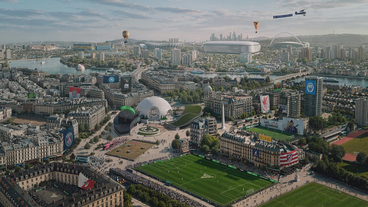 Football pitches, club banners and stadiums across a panoramic cityscape.
