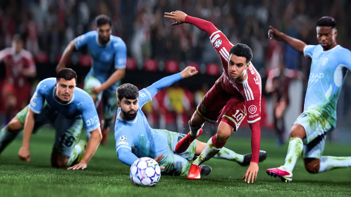 Kylian Mbappé running in an EA SPORTS FC 27 promotional match screenshot.
