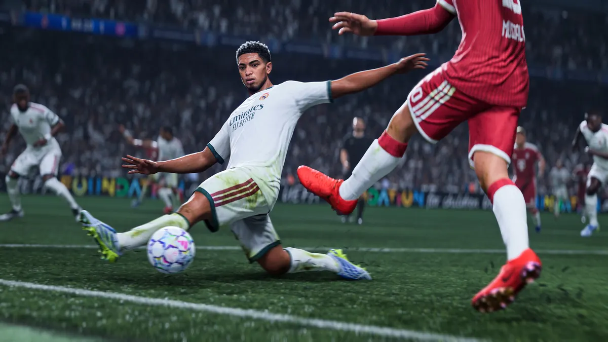 Real Madrid players on the pitch in an EA SPORTS FC 27 promotional screenshot, illustrating team selection.