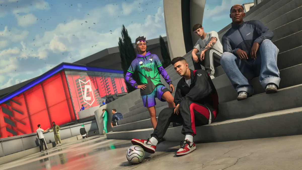 Football avatars gathered in The Grounds social area in an EA SPORTS FC 27 promotional screenshot.